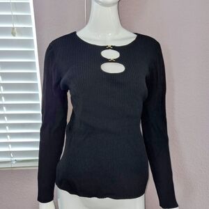 INC International Concepts Black Ribbed Long Sleeve Top